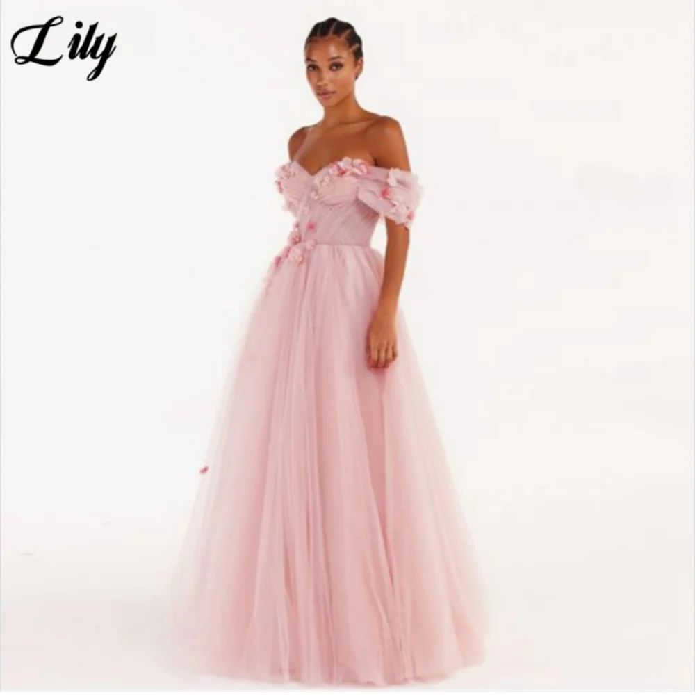 Lily สีชมพู Elegant พรหมชุด 3D-ดอกไม้ Sweetheart ชุดราตรีสําหรับผู้หญิง Tulle ปิดไหล่ Backless ชุดอย่างเป็นทางการที่กําหนดเอง