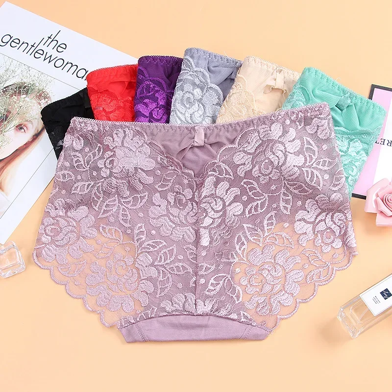 

Sexy Lace Panties Women's Underwear Hollow Out Middle Waist Seamless Cotton Crotch Plus Size