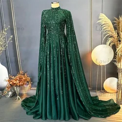 Vestidos De Noche Green Beaded Navy Blue Evening Dresses Dubai Arabic Prom Dress Cape Sleeves A Line Party Gowns Customized Robe