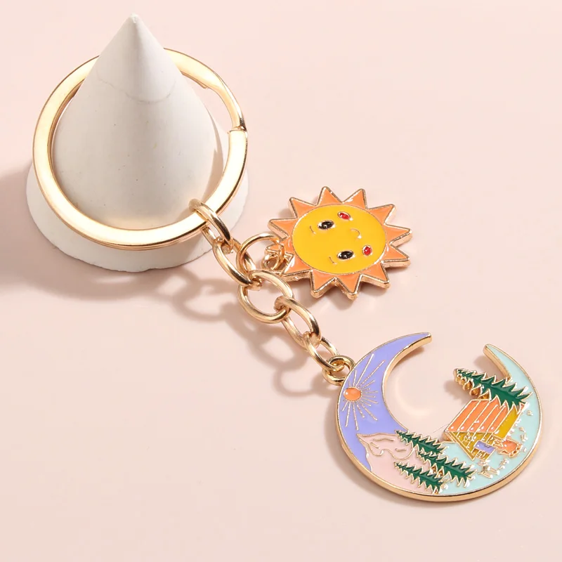 Cute Enamel Keychain Sun Forest House Mountain Key Ring Moon Key Chains For Women Men Handbag Accessorie DIY Jewelry Gifts