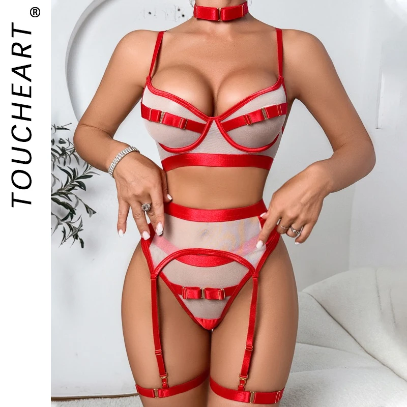 Toucheart 5-Piece Set Halter Erotic Bra Set Women's Underwear Mesh Contrast Color See-through Garters Temptation Sexy Lingerie