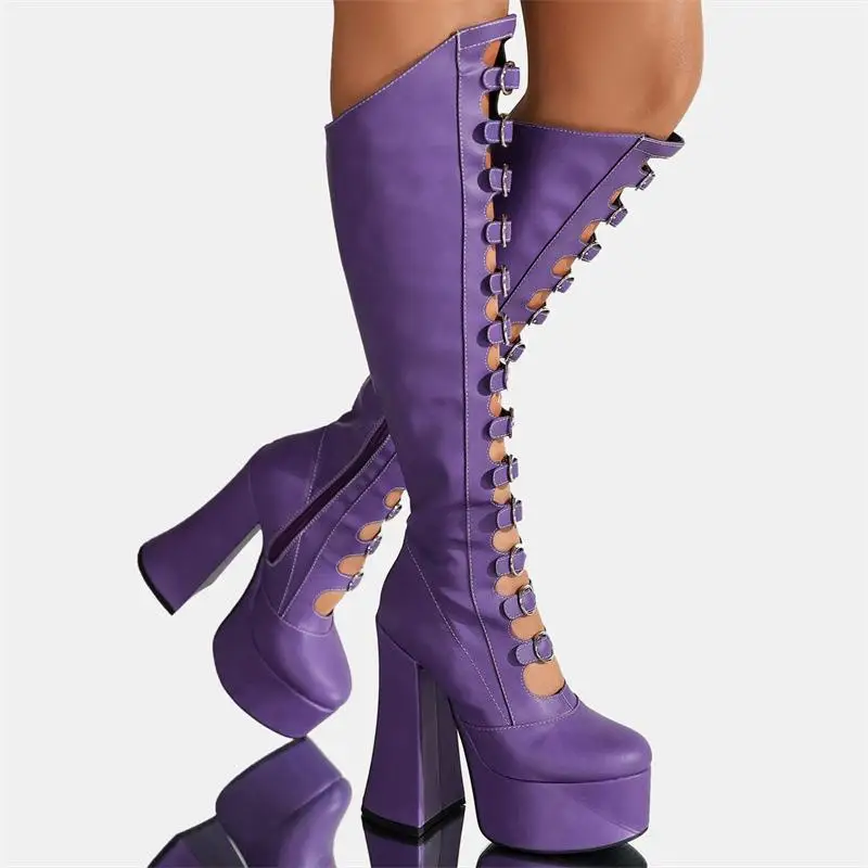 Thick Bottom Hollow Knee High Boots Women Side Zipper Square Heel Pole Dance Female Sexy Shoes Super High Heel Platform Designer