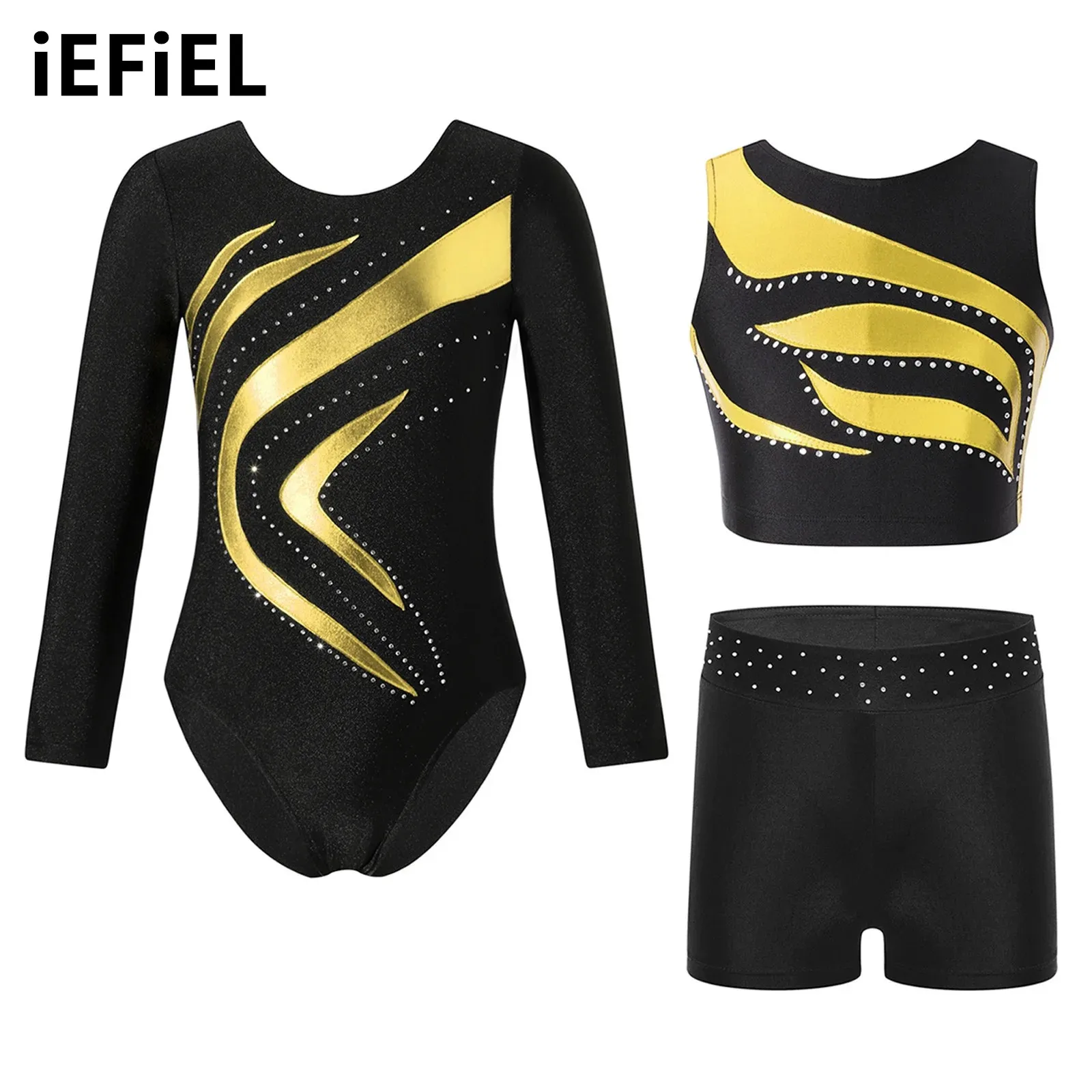 

Kids Girls Gymnastics Dance Outfit Long Sleeve Metallic Patchwork Leotard with Crop Top And Rhinestones Waistband Shorts