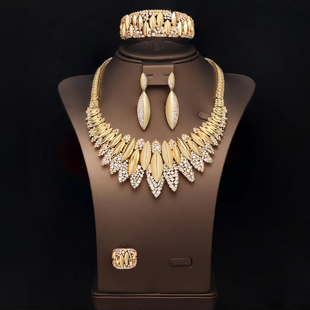 Elegant Bridal Gold Rhinestone 4Pcs Necklace Earrings Bracelet Ring Women Formal Wedding Statement Jewelry Set Christmas Gift