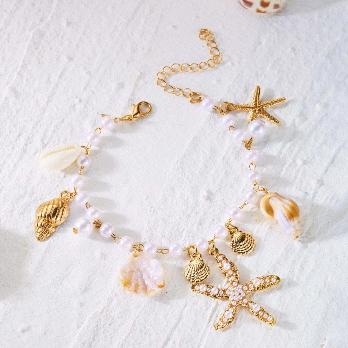 Imitationsperlen-Seestern-Muschel-Anhänger Halskette Armband Fußkettchen Set für Damen und Herren Boho Seestern Sommer Schmuckset – Detail 21