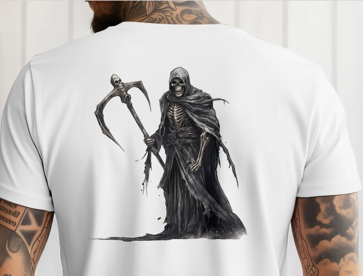 

Grim Reaper Gothic T-Shirt - Dark Skeleton Scythe Tee for Horror and Go