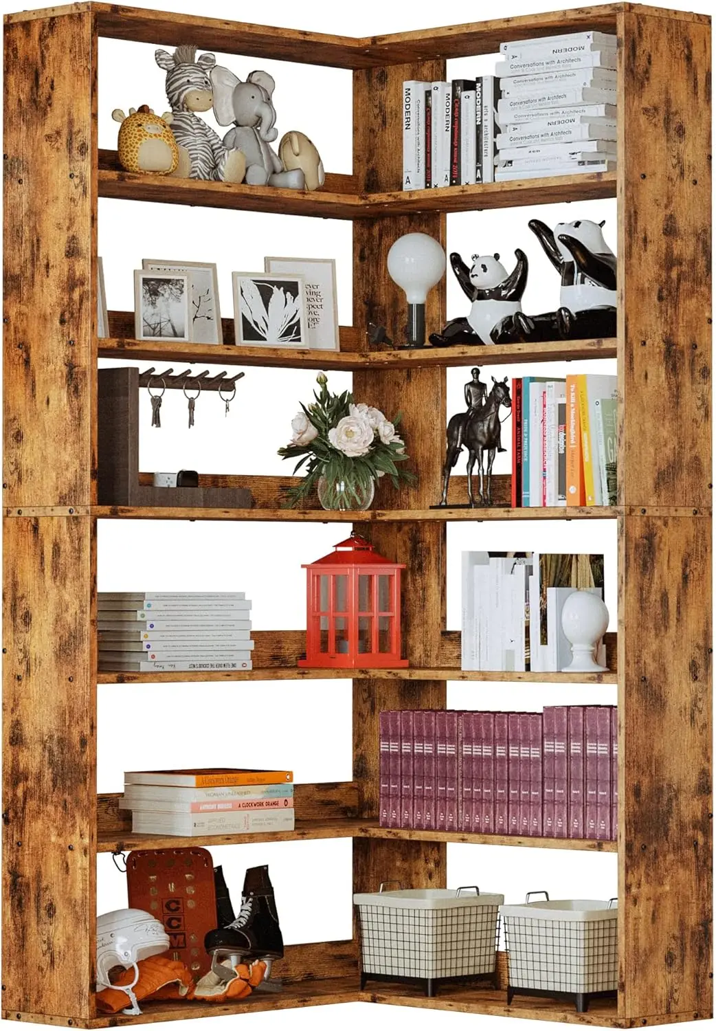 Bookshelves 6 Tiers with Baffles Industrial Large Corner Bookcase Storage Display Rack for Living Room Home Office