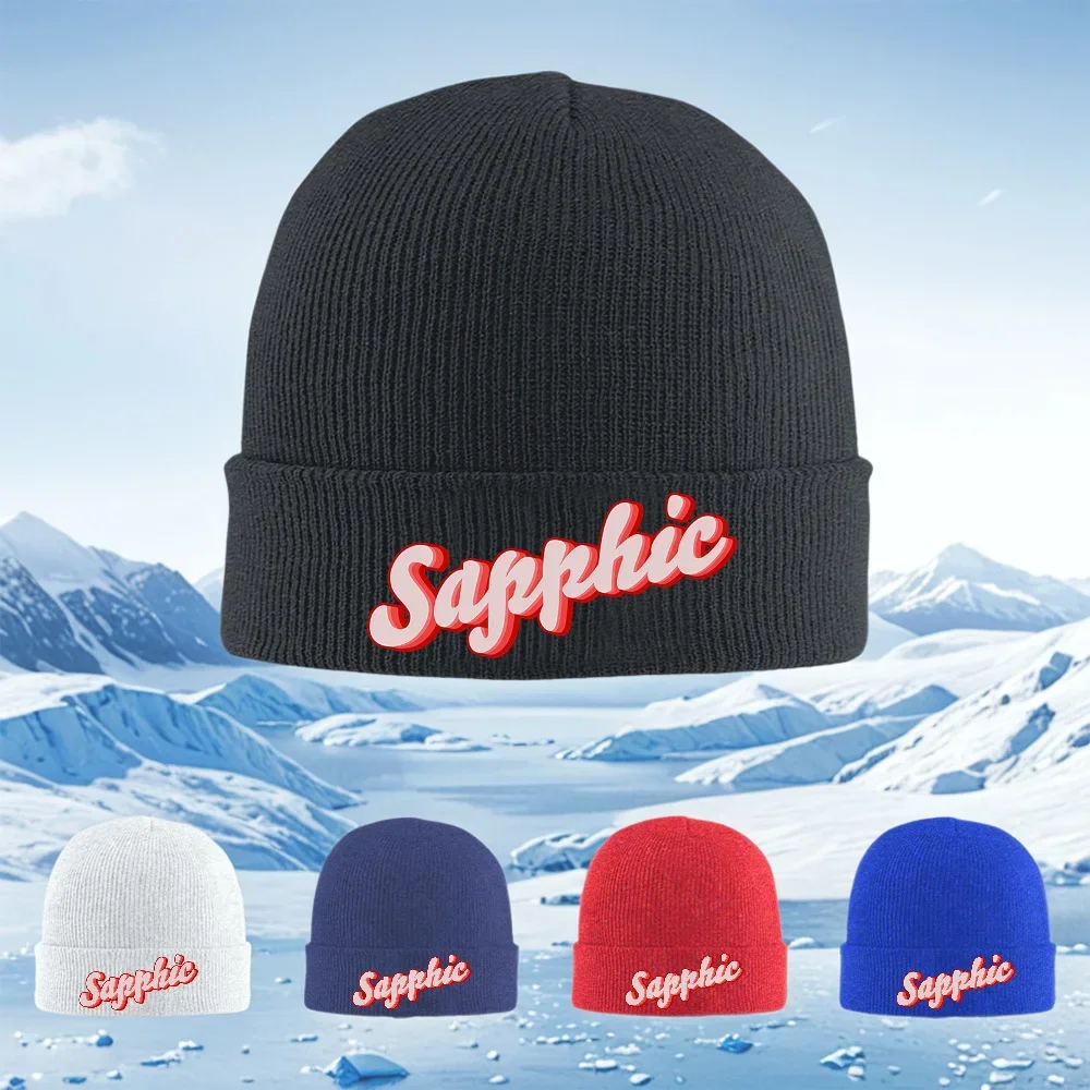 2026 Sapphic text,stylish font,black background. Men Women Unisex Knitted Hat Beanie Pullover Cap Winter Thermal Warm Christmas
