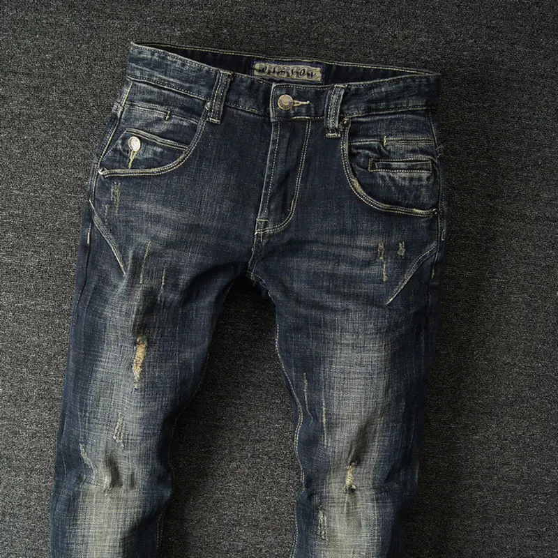 Street Fashion Men Jeans High Quality Retro Black Blue Stretch Slim Fit Ripped Jeans Men Spliced Designer Vintage Denim Pants