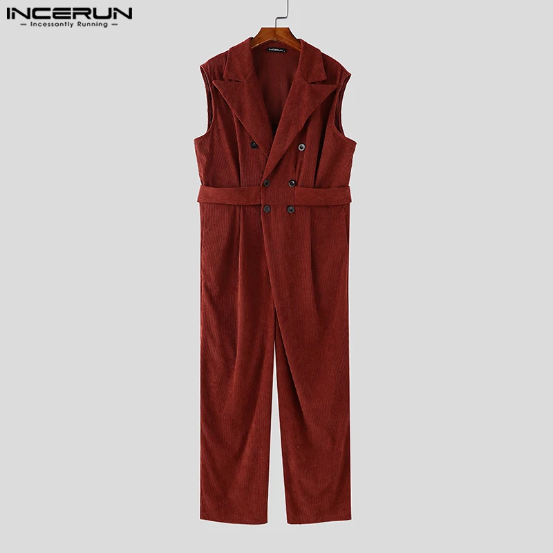 남성 코듀로이 점프 슈트 바지 솔리드 컬러 2025 민소매 옷깃 더블 브레스트 남성 Rompers streetwear 패션 오버올 INCERUN