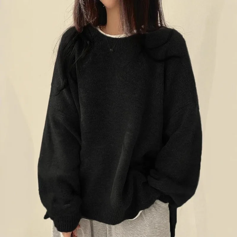 

Korean Fashion Oversized Knit Pullovers Solid Basic Old Money Winter Gray Vintage Women Sweaters Black Lantern Sleeve