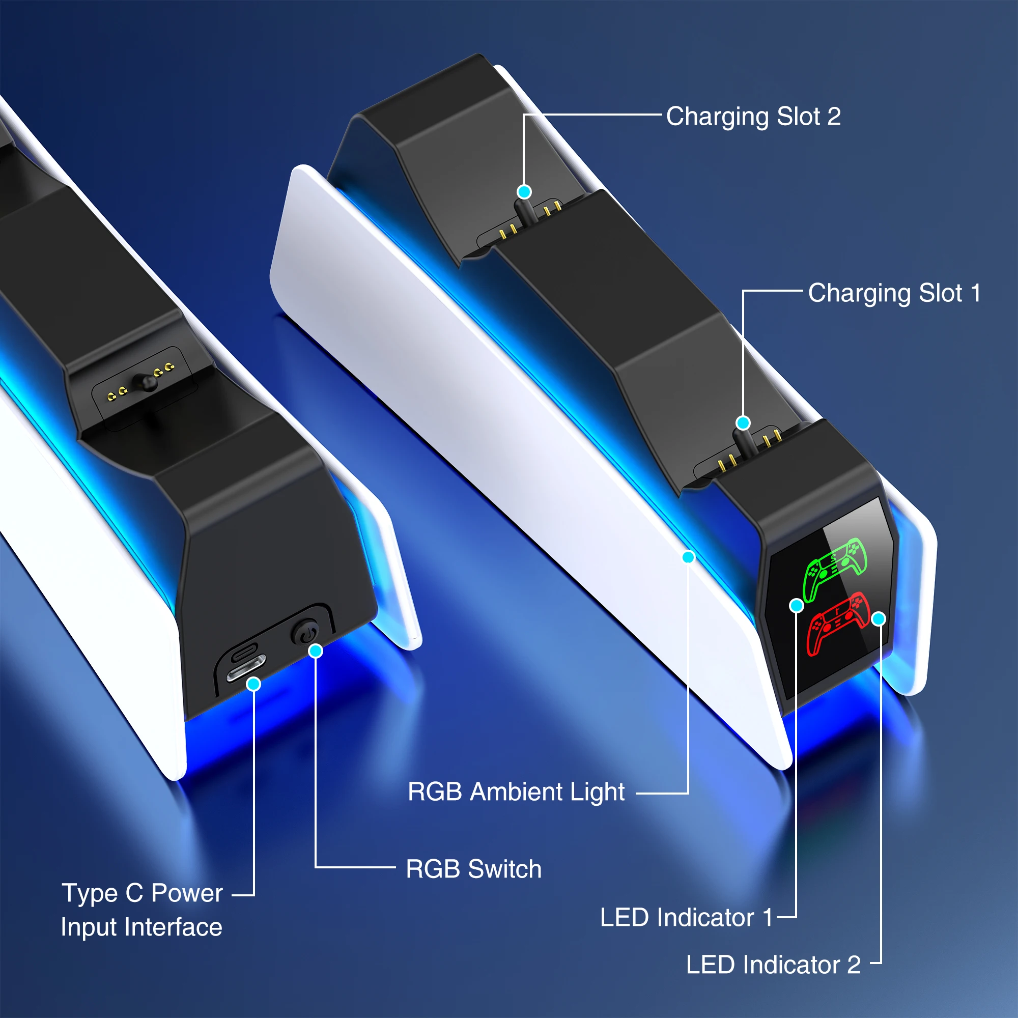 PS4 5ゲームパッド用のデュアル充電ステーション,急速充電インジケーター,LEDインジケーター,RGBコントローラー