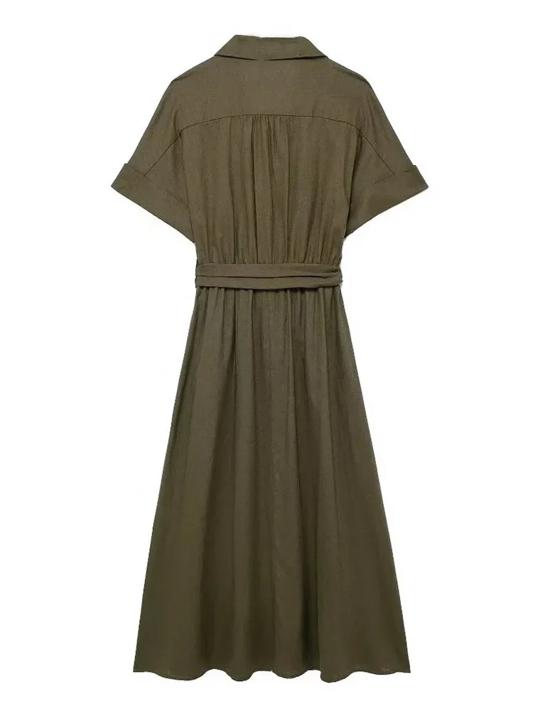 Letnia Nowa Kolekcja Damska Moda w Stylu Amerykańskim Modna Sukienka Midi w Stylu Koszuli z Mieszanki Lnu Casualowe Damskie Bluzki T7YD