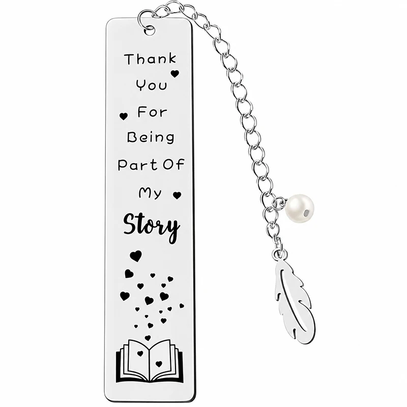 Stainless Steel Thank You Story Pendant Bookmark Feather Pearl Charm Student Teacher Gift Reading Learn Supplies