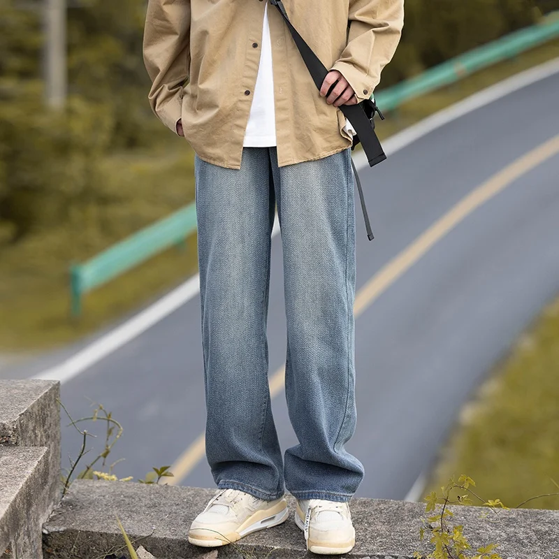

Cityboy Men's Slim Fit Diamond Patterned Retro Hong Kong Style Jeans High Waist Straight Leg Long Trousers Trendy Youth Jeans