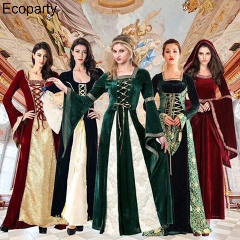 Retro Medieval Costume Dark Green Aristocratic Palace Dress Halloween Costume Adult Stage Performance Clothing Dress+Headband