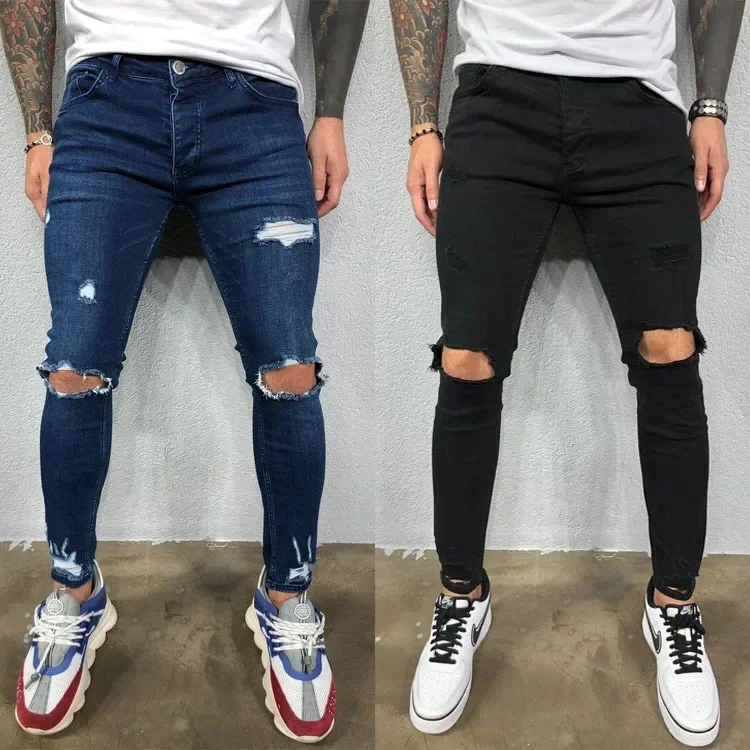 

Men Jeans Knee Hole Ripped Stretch Skinny Denim Pants Solid Color Black Blue Autumn Summer Hip-Hop Style Slim Fit Trousers S-4XL