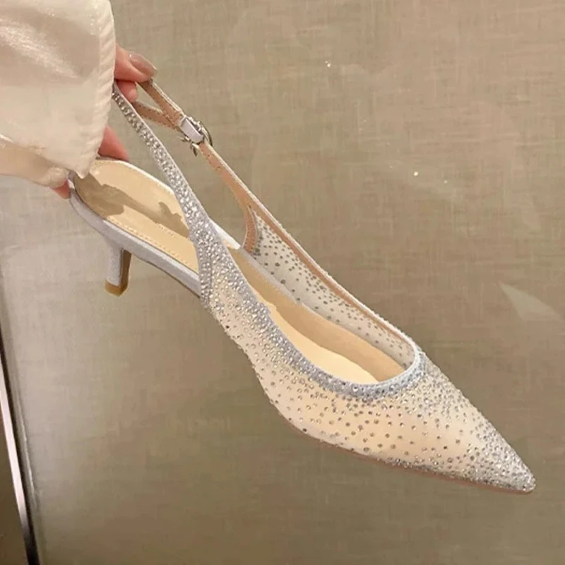 مثير Slingback شبكة الراين تصميم النساء الكعوب الصنادل الكاحل Stapes أشار تو فارغة الظهر عالية الكعب فستان الحواف الأحذية