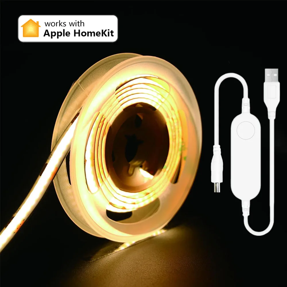 USB Homekit COB LED Strip Light 5V 1m 2m Ciepły biały Neutralny biały Ściemnialna elastyczna lampa 3000K 4000K 6500K Siri Sterowanie głosowe