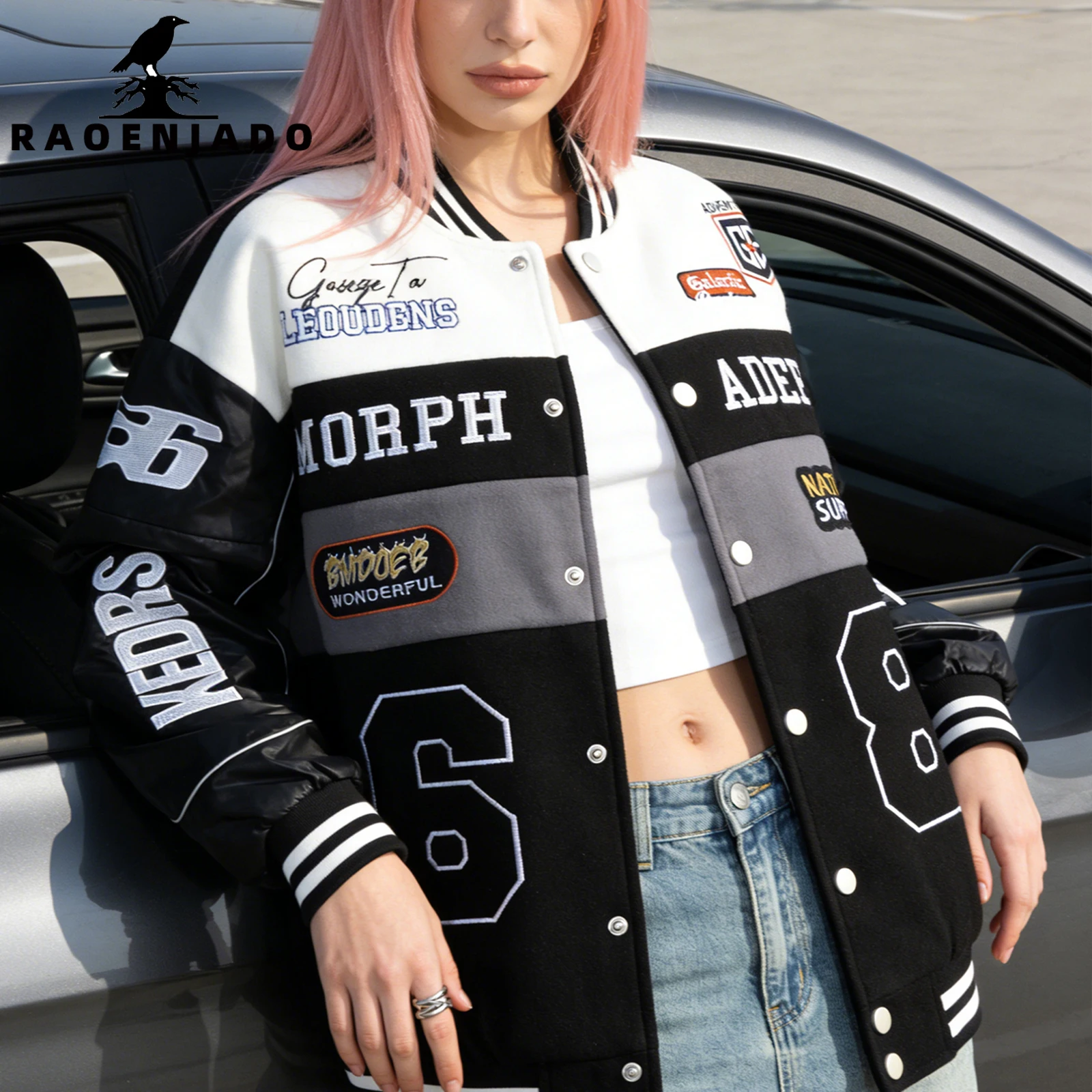Women's Racing Vintage Varsity Jacket Casual Letterman Bomber Coat Baseball Loose Streetwear Outerwear with Faux Leather Sleeves
