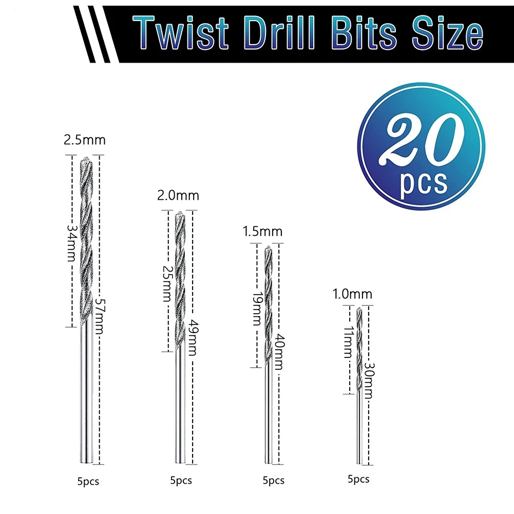 Set di punte da trapano diamantate 20 pezzi 4 dimensioni 1mm 1.5mm 2mm 2.5mm gioielli con punta a torsione conchiglie di vetro marino da spiaggia pietre preziose lapidario