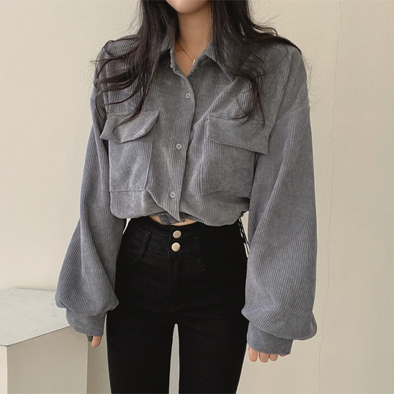 Women\'s Vintage Single-breasted Short Corduroy Shirt Korean Casual Long Sleeve Jacket 2023 Autumn Outwear Fashion Women Clothes