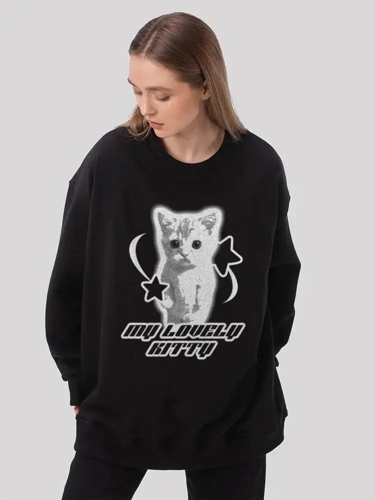 Słodkie College Women Cute Cat Graphic Sweatshirts Russian Fashion Design Hip Hop Loose Pullover Autumn Trendy Long Sleeve black
