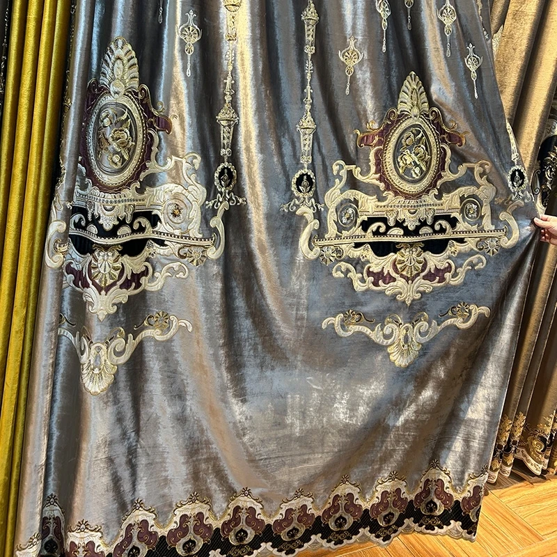 Custom villa living room luxury palace high-end retro silk velvet coffee cloth blackout curtain tulle valance drape C2157