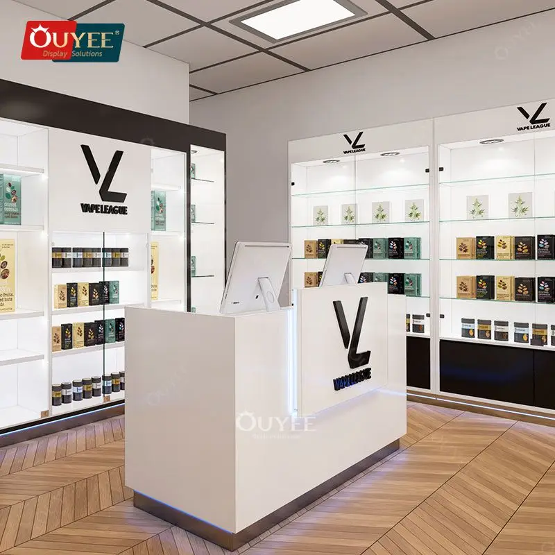 Customized-Glass Counter Wood Display Smoke Shop Glass Display Fashion Reception Counter With Display