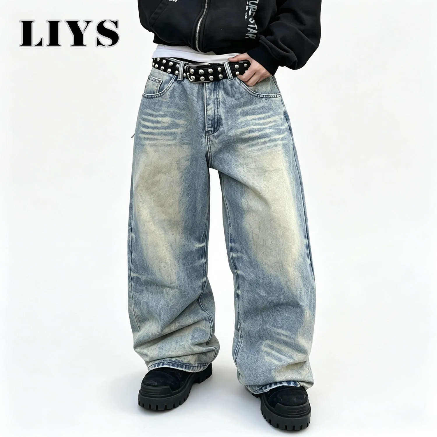 Men Vintage Distressed Baggy Jeans Faded Wash Wide Leg Denim Pants Y2K Hip Hop Streetwear Loose Oversized Daily Wear Trousers