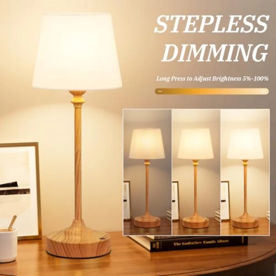 Cordless Table Lamps Rechargeable Set - Wooden 4000mAH Battery Operated Lamps for Decor, 3000K Stepless Dimming Touch Control W
