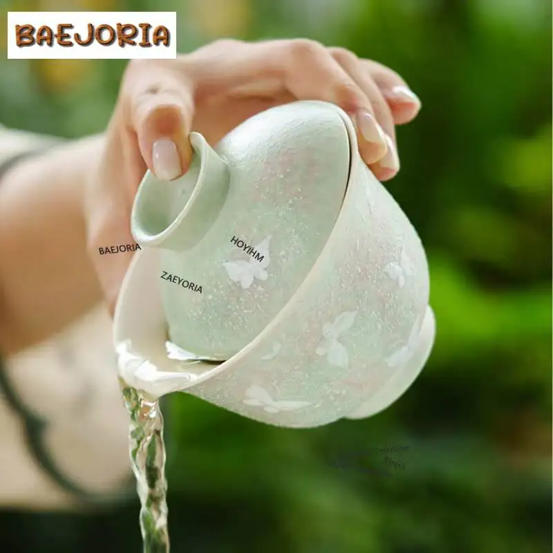 150ml Relief Glaze Painting Green Mist Butterfly Gaiwan Ancient Tea Tureen Tea Bowl With Lid Kit Tea Maker Cover Bowl Cafes Gift