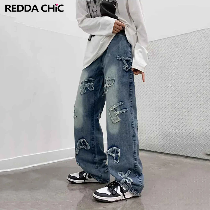 

REDDACHIC Random Letter Patched Men Baggy Jeans Vintage Patchwork Distressed Straight Pants Big Size Trousers Hiphop Streetwear