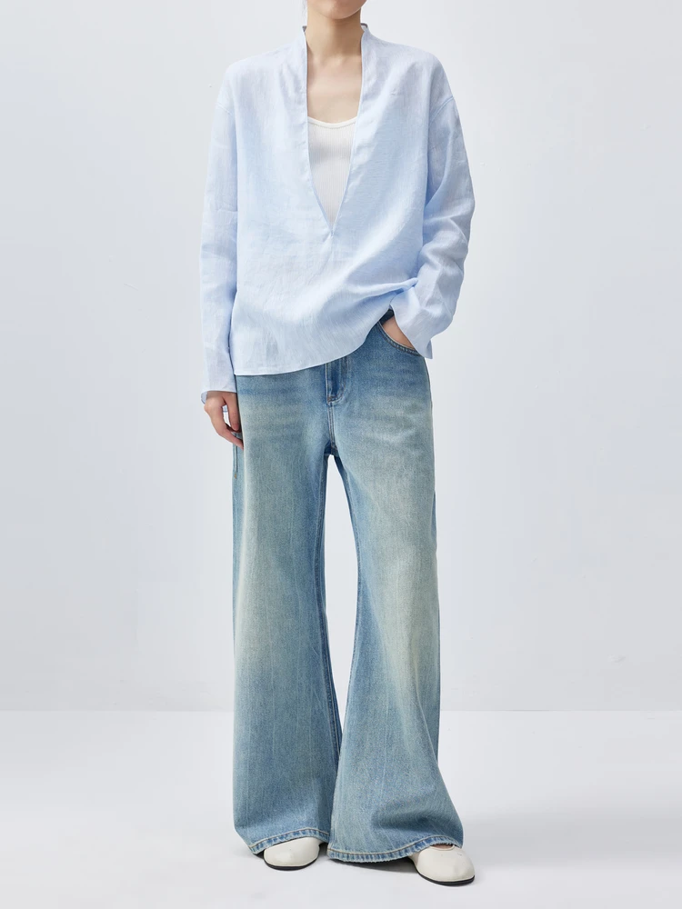 

High-End Full Cotton Washed Denim Pants Lengthening Legs Effect Straight Leg Jeans Commute Style Summer Collection Adult Women