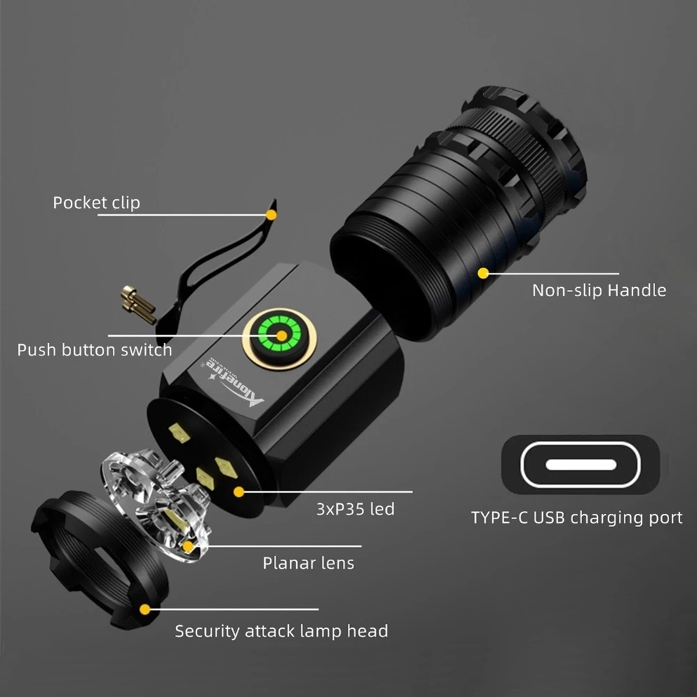 X22 3x Led High Bright Mini Flashlight Type-C USB Rechargeable 18350 Portable Backpack Pocket Torch Outdoor Home Work Car Repair