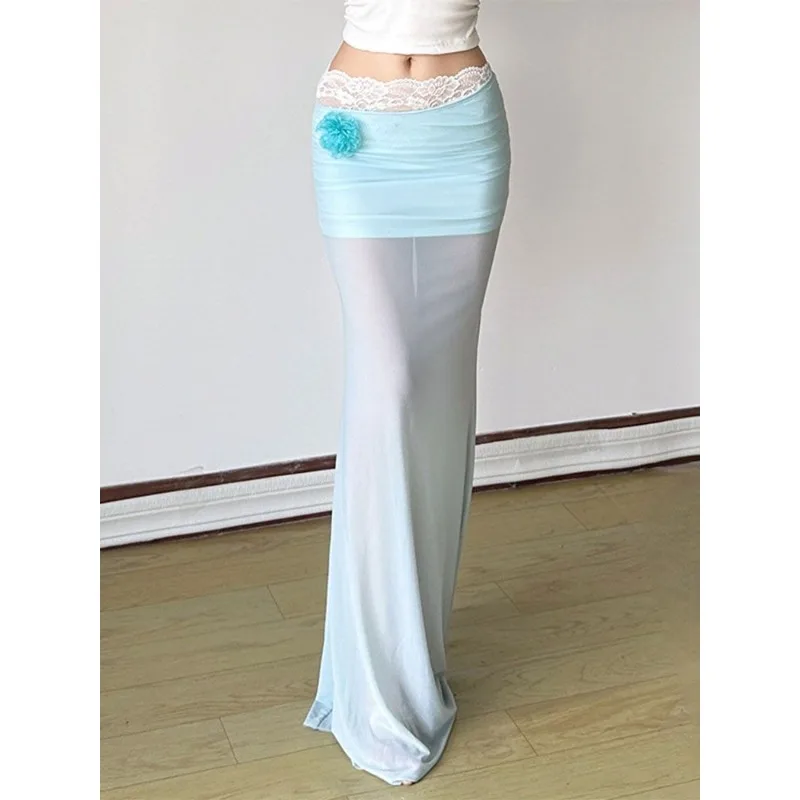 Skirt Women's Resort Style Pure Desire Three-dimensional Flower Mesh Lace Splicing Hip Cover Slim Seaside Beach Long Skirt