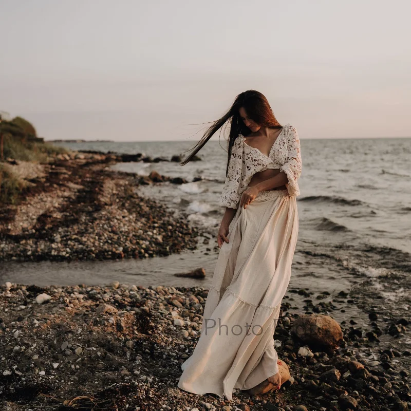 Frauen Boho Kleid zweiteilig Set Fotografie Requisiten Vintage Spitze Top und Leinen Rock Mutterschaft Schwangerschaft Fotoshooting Kleidung