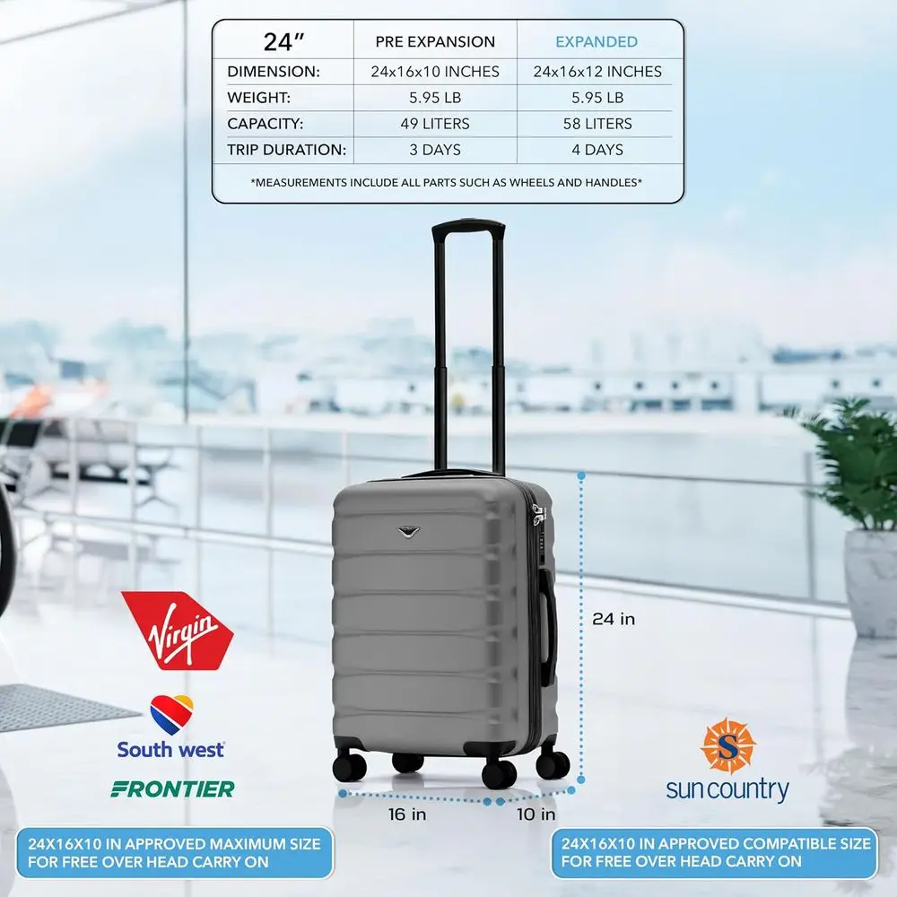24x16x10 Expandable Hardside Spinner Suitcase with TSA Lock, USB C, Lightweight for Virgin & Southwest Carry-On