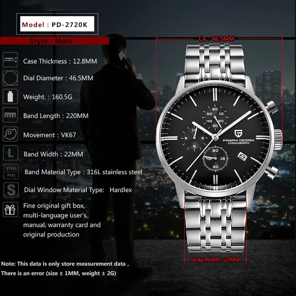 PAGANI DESIGN موضة رجال الأعمال الفولاذ المقاوم للصدأ ساعة كوارتز مقاوم للماء متعددة الوظائف ليلة ضوء ساعة Reloj + صندوق هدية