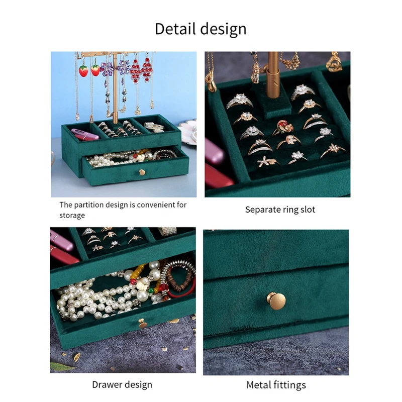 2 Tiers Jewelry Rack Wooden Emerald Base Ring Jewelry Storage With Drawer Bracelet Storage Box Jewelry Display Rack