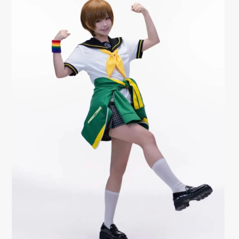 Persona 4 Chie Satonaka Cosplay Costume School Uniform Green Jacket Pleated Skirt Ribbon For Women Halloween - view 4