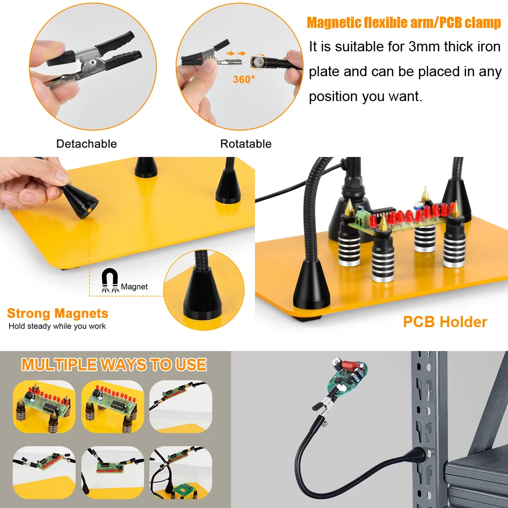 Toolour Magnetic Helping Hands Soldering Third Hand PCB Circuit Board Holder with 3X LED Magnifying Lamp 360° Hot Air Gun Holder