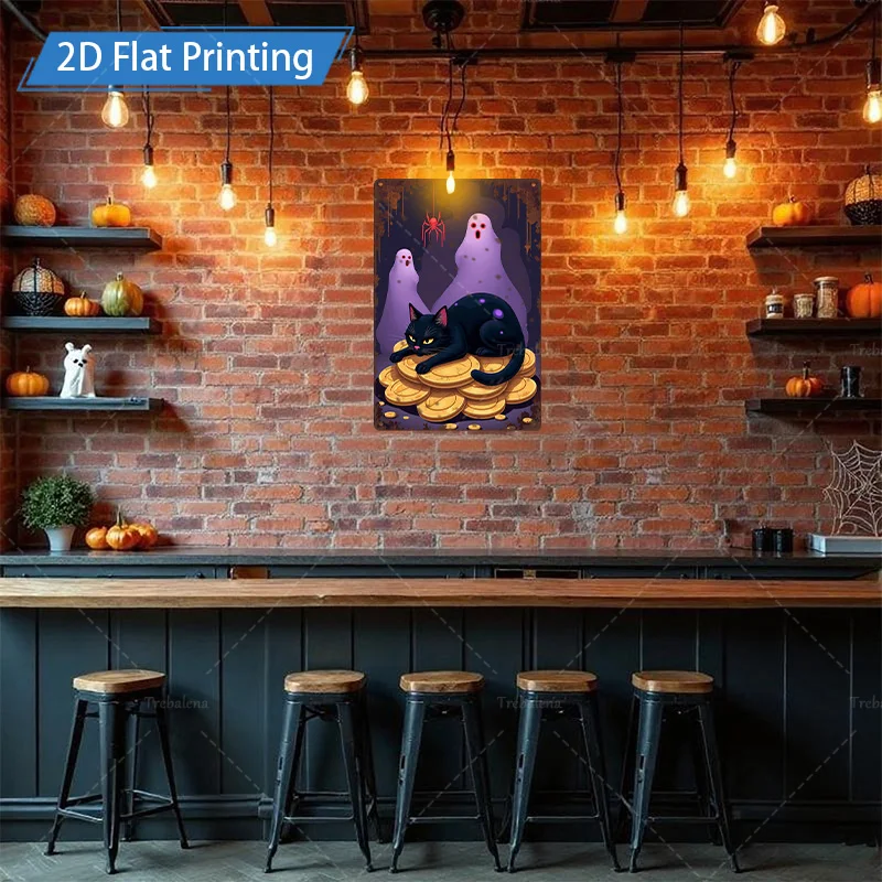 1 قطعة 8x12 بوصة علامة معدنية للهالوين القط الأسود والأشباح على العملات الذهبية المعدنية جدار ديكور فني #4