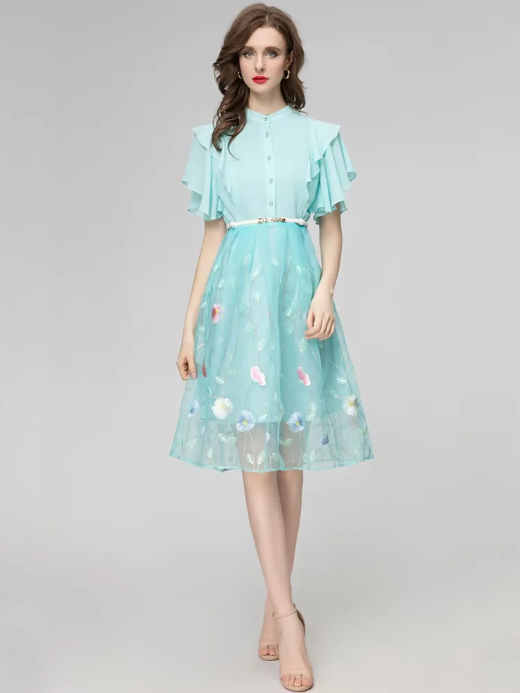 

Spring and Summer Sweet Dress with Stand Collar, Single Breasted, Butterfly Sleeve, Flower Embroidery, Knee-Length Vestidos