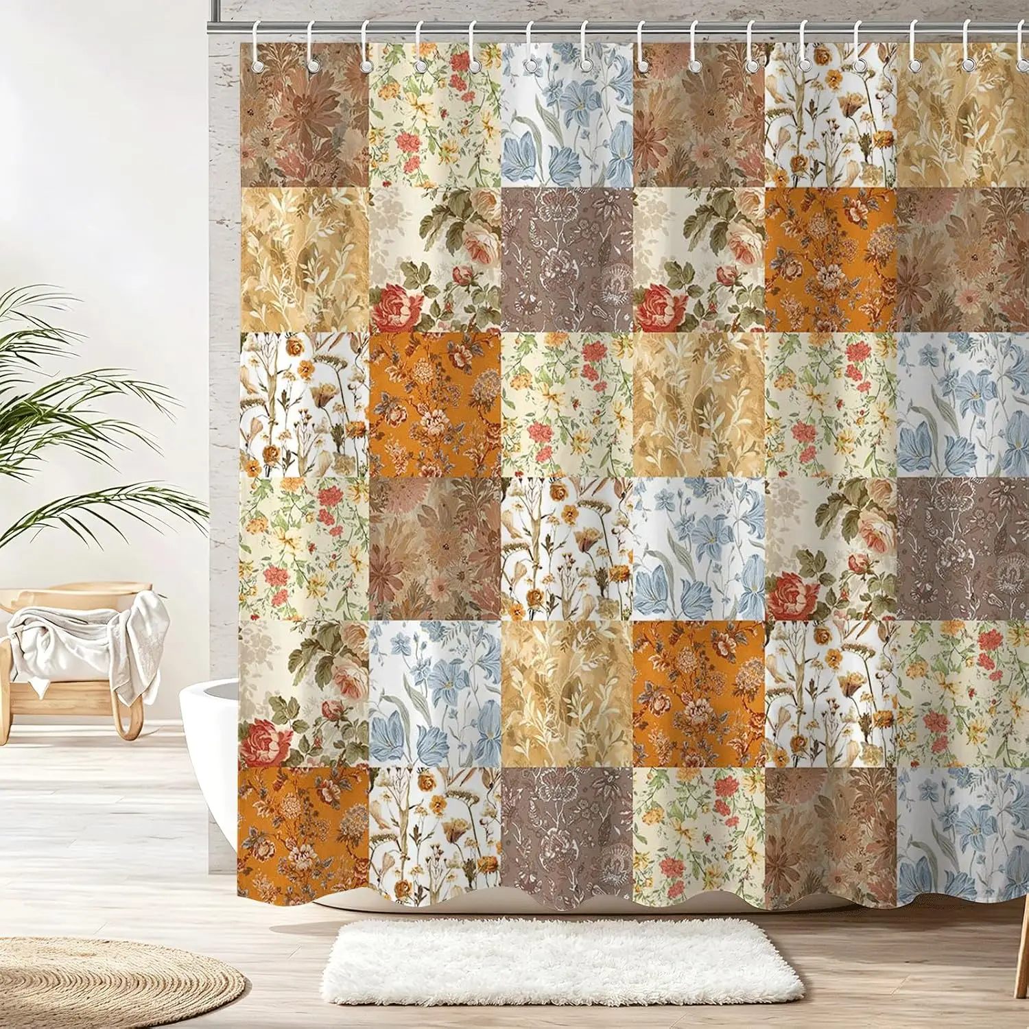 Premium Waterproof Floral Patchwork Shower Curtain Polyester Bathroom Decor Rustic Cottage Style Curtain Liner for Home Bathing