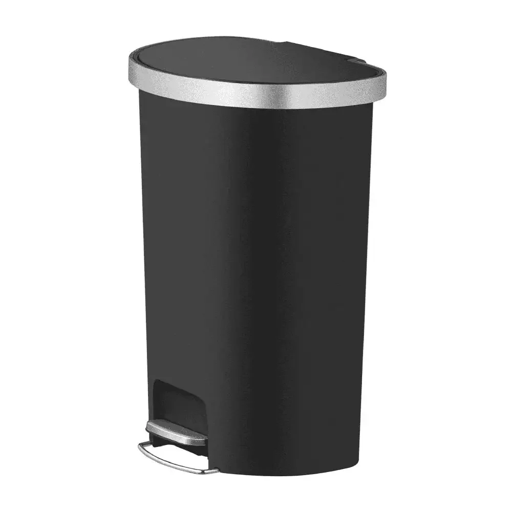 

Semi-Round Black Kitchen Trash Can with Stainless Steel Accents and 14.5 Gallon Capacity
