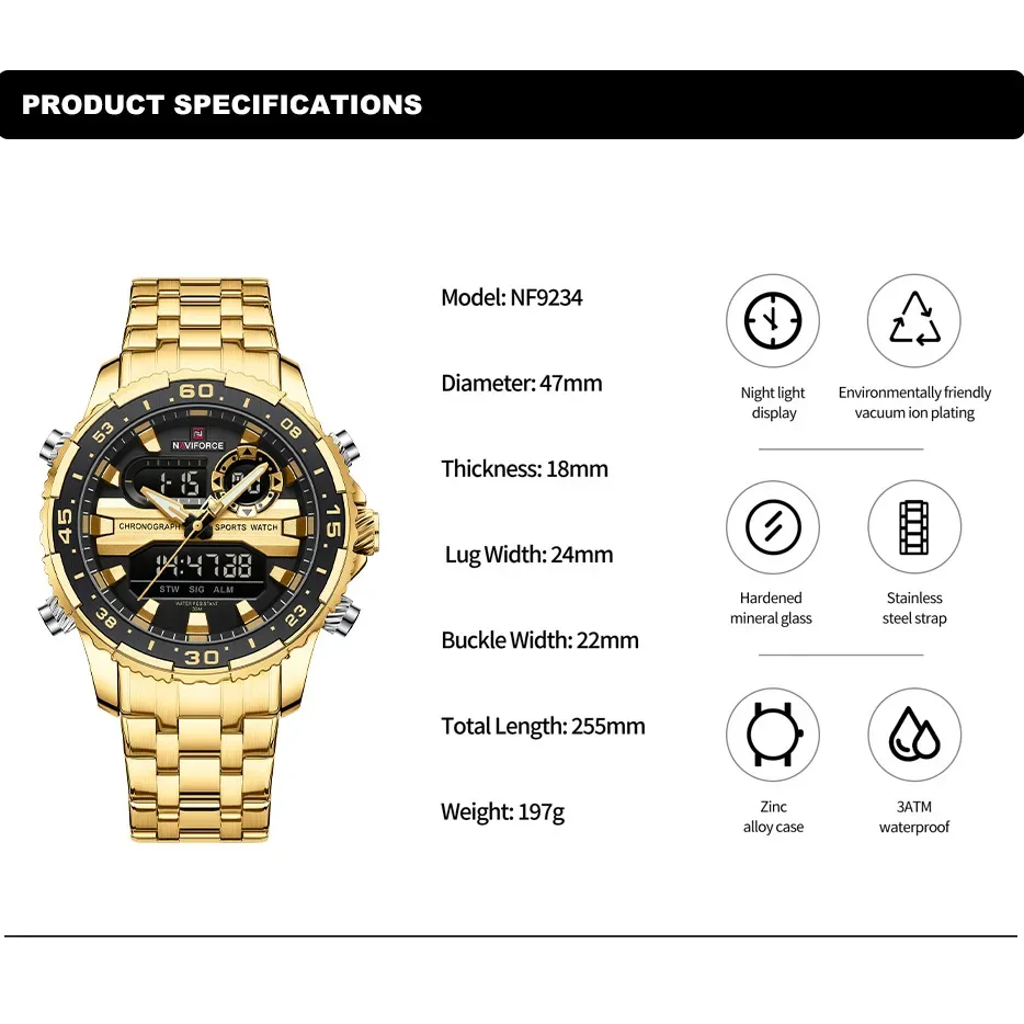 NAVIFORCE Men Luxury Waterproof Sport Chronograph Quartz Wristwatches Digital Date and Week Clock Relogio Masculino 2024