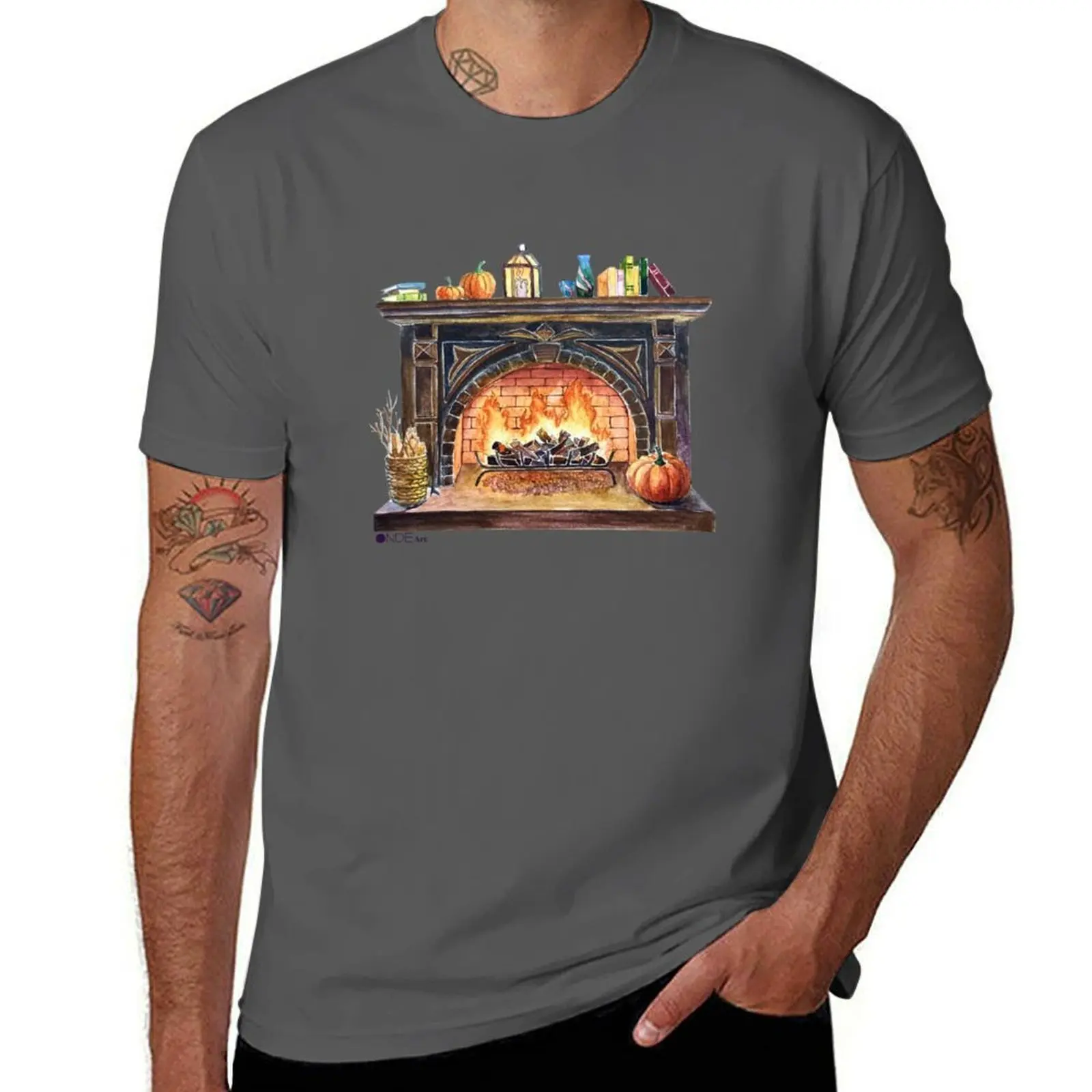 Cozy Mantel & Books Hand Paited Watercolor Fireplace Art T-Shirt rapper graphic tees Short sleeve tee tee shirts for men