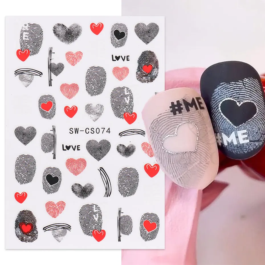 3D Love Heart Fingerprint Nail Art Stickers Spider Geometry English Character DIY Sliders Valentine Korean Decor Decals SLSW-CS