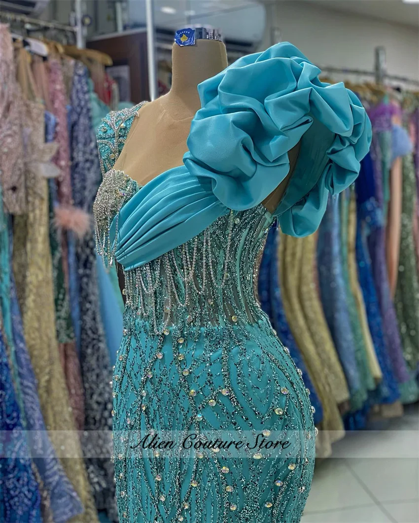 Sparkly Green Mermaid Dubai Evening Dresses Prom Gown Diamonds Beading Birthday Party Dress Vestidos De Noche Customized